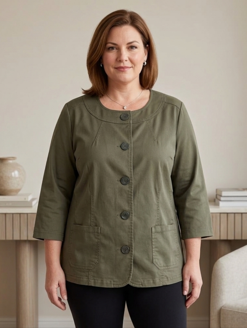 J Jill  Blazer Jacket Women 16 Olive Green Quarter Sleeve Stretch Collarless NWT